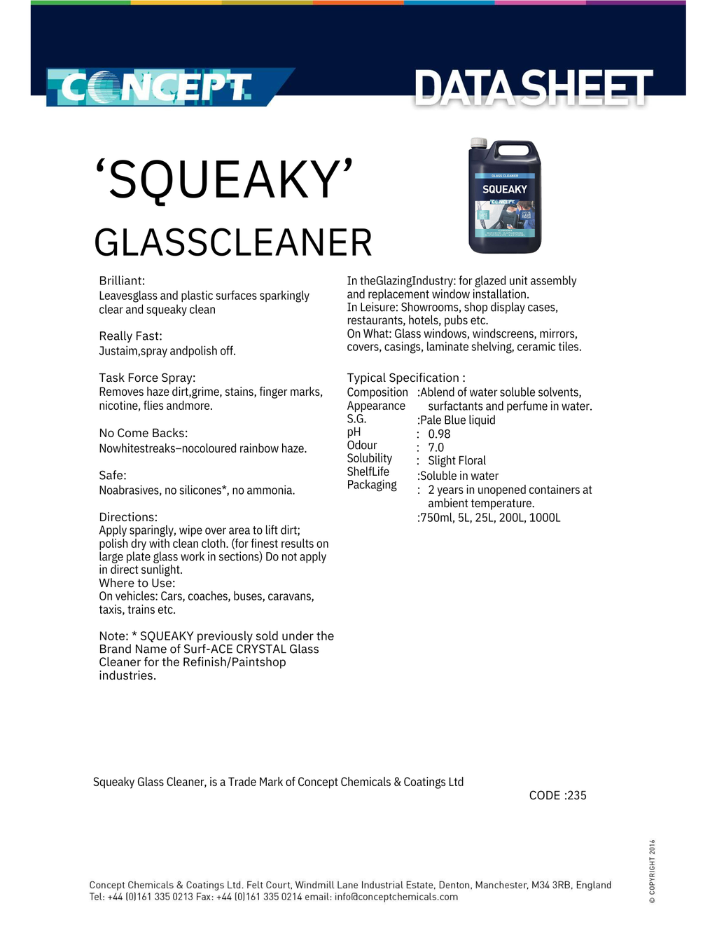 CONCEPT Squeaky – Alkohol- og ammoniakkfri glassrens